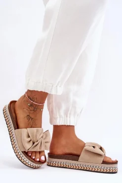 Boto Klapki Korkowe|Klapki Damskie Klasyczne*Damskie Klapki Zamszowe Z Kokardą Beżowe Lauria