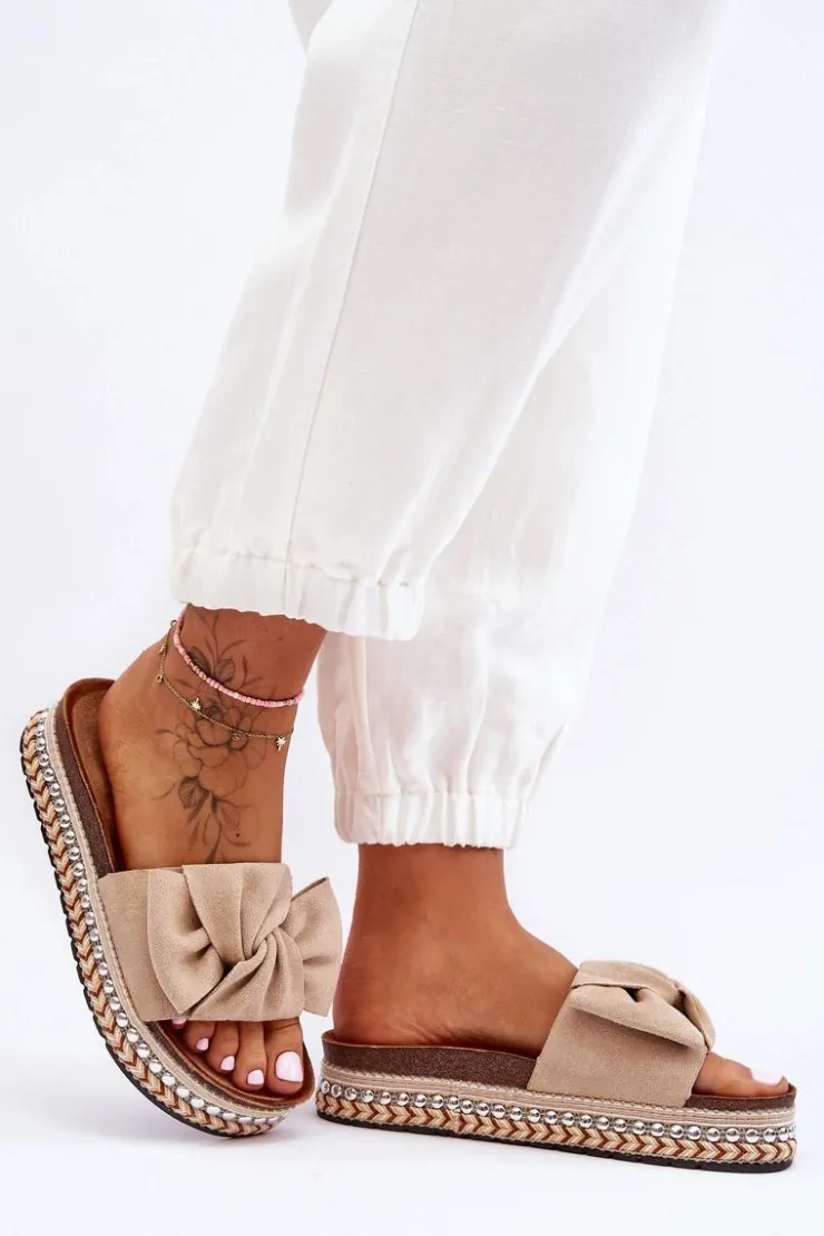 Boto Klapki Korkowe|Klapki Damskie Klasyczne*Damskie Klapki Zamszowe Z Kokardą Beżowe Lauria