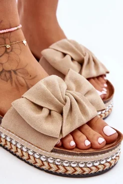 Boto Klapki Korkowe|Klapki Damskie Klasyczne*Damskie Klapki Zamszowe Z Kokardą Beżowe Lauria