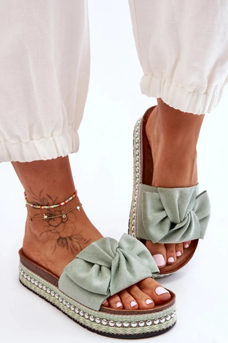 Boto Klapki Korkowe|Klapki Damskie Klasyczne*Damskie Klapki Zamszowe Z Kokardą Zielone Lauria