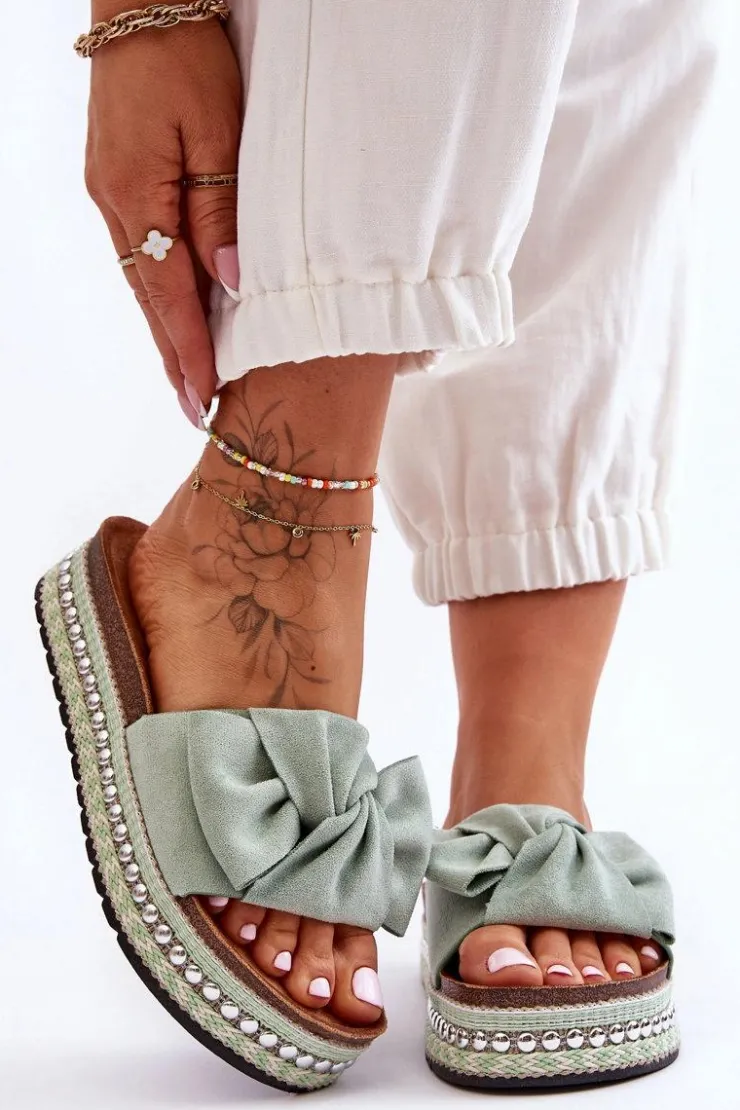 Boto Klapki Korkowe|Klapki Damskie Klasyczne*Damskie Klapki Zamszowe Z Kokardą Zielone Lauria