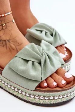 Boto Klapki Korkowe|Klapki Damskie Klasyczne*Damskie Klapki Zamszowe Z Kokardą Zielone Lauria