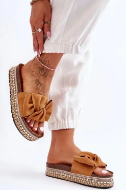 Sale Boto Damskie Klapki Zamszowe Z Kokardą Camel Lauria