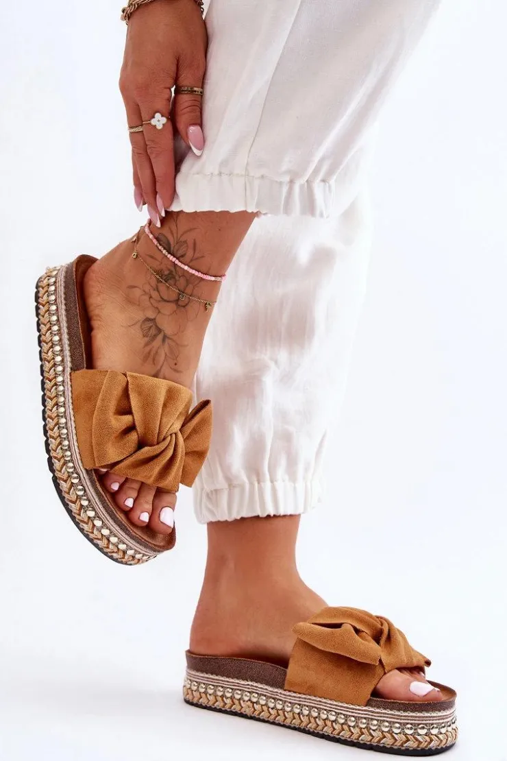 Sale Boto Damskie Klapki Zamszowe Z Kokardą Camel Lauria