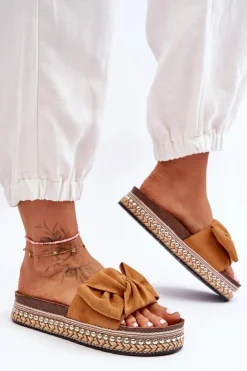 Sale Boto Damskie Klapki Zamszowe Z Kokardą Camel Lauria