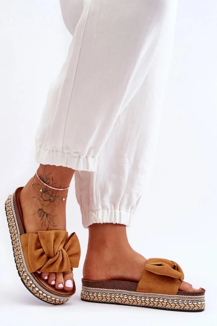 Sale Boto Damskie Klapki Zamszowe Z Kokardą Camel Lauria