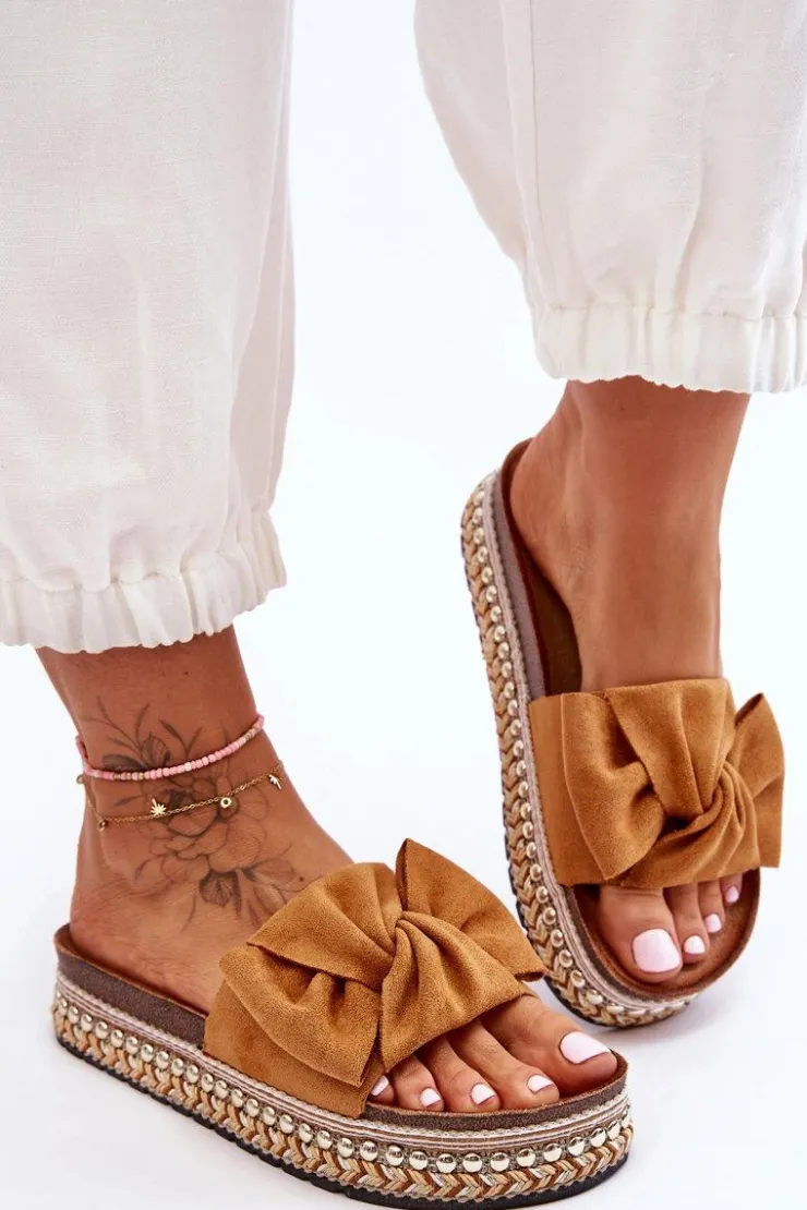 Sale Boto Damskie Klapki Zamszowe Z Kokardą Camel Lauria