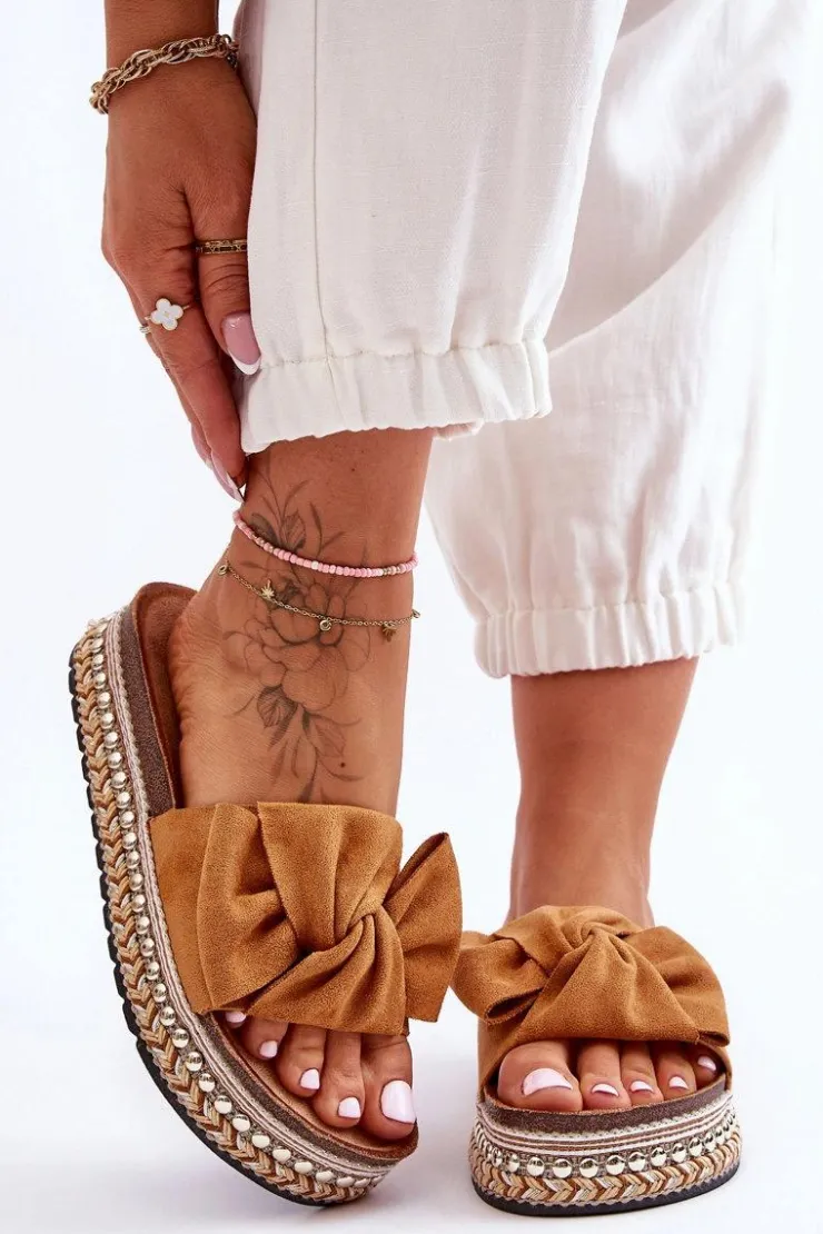 Sale Boto Damskie Klapki Zamszowe Z Kokardą Camel Lauria