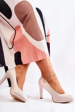 New Buty Sergio Leone Damskie Klasyczne Czółenka Na Platformie Perłowy Beżowy Alivene