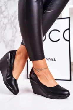 Clearance Boto Damskie Klasyczne Czółenka Na Koturnie Lakierowane Czarne Ivonne