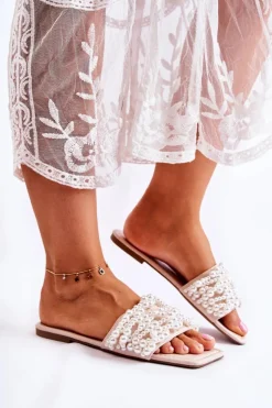 Discount Boto Damskie Klasyczne Klapki Z Perłami Beżowe Calipso