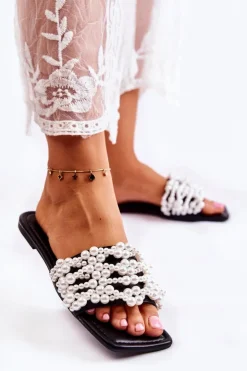 Boto Klapki Damskie Klasyczne*Damskie Klasyczne Klapki Z Perłami Czarne Calipso