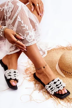 Boto Klapki Damskie Klasyczne*Damskie Klasyczne Klapki Z Perłami Czarne Calipso