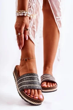 Damskie buty S.Barski Klapki Damskie Klasyczne*Damskie Klasyczne Klapki Z Łańcuszkiem Czarne Maddy Czarny