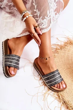 Damskie buty S.Barski Klapki Damskie Klasyczne*Damskie Klasyczne Klapki Z Łańcuszkiem Czarne Maddy Czarny