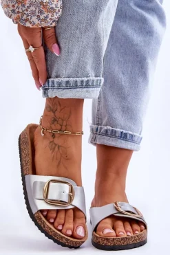 Damskie Boto Damskie Klasyczne Klapki Na Korkowej Platformie Srebrne Noa