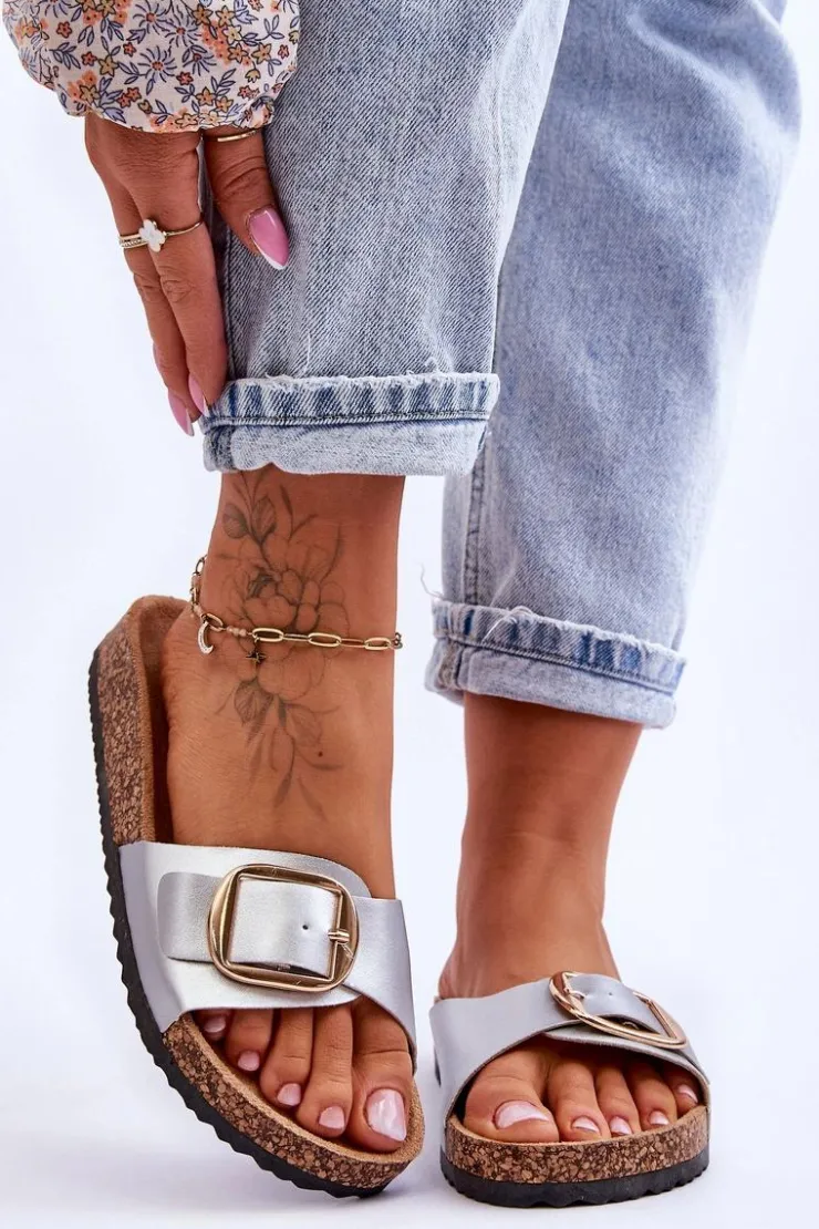 Damskie Boto Damskie Klasyczne Klapki Na Korkowej Platformie Srebrne Noa