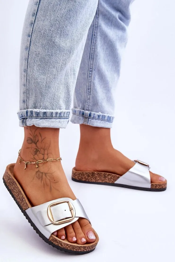 Damskie Boto Damskie Klasyczne Klapki Na Korkowej Platformie Srebrne Noa