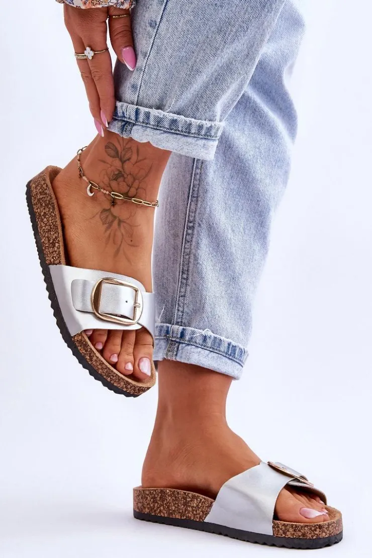 Damskie Boto Damskie Klasyczne Klapki Na Korkowej Platformie Srebrne Noa