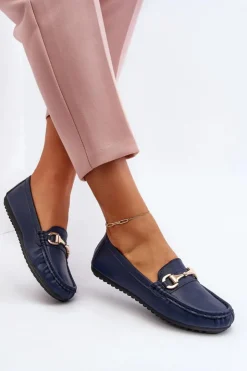 Damskie Boto Damskie Klasyczne Mokasyny Eko Skórzane Granatowe Demese