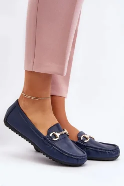 Damskie Boto Damskie Klasyczne Mokasyny Eko Skórzane Granatowe Demese