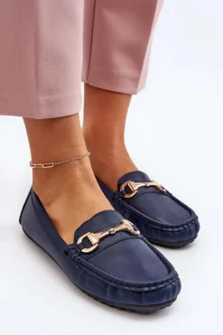 Damskie Boto Damskie Klasyczne Mokasyny Eko Skórzane Granatowe Demese