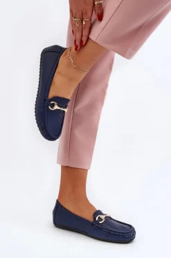 Damskie Boto Damskie Klasyczne Mokasyny Eko Skórzane Granatowe Demese