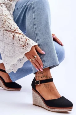 Boto Sandały Na Koturnie*Damskie Klasyczne Sandały Na Koturnie Czarne Malani