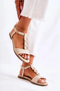 Evento Sandały Płaskie*Damskie Klasyczne Sandały Z Ozdobnym Paskiem Beżowe Terina