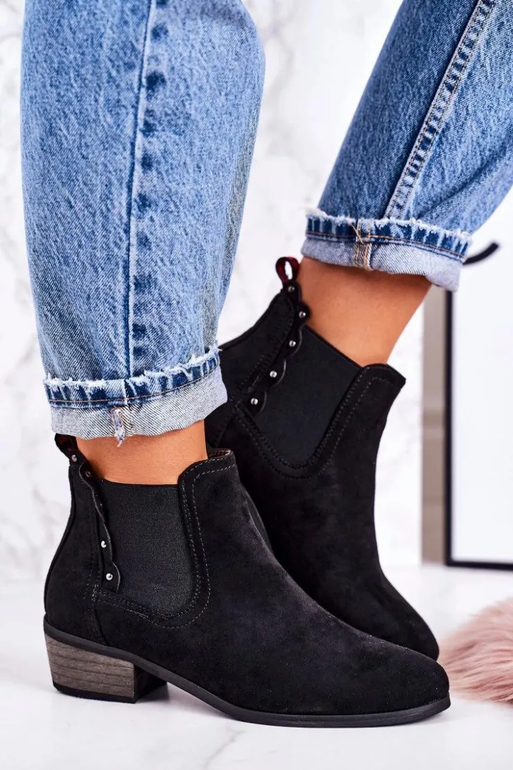 Damskie Boto Damskie Klasyczne Sztyblety Botki Zamszowe Czarne Walker