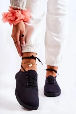 Evento Trampki Damskie Niskie*Damskie Klasyczne Tenisówki Wiązane Czarne Dellis