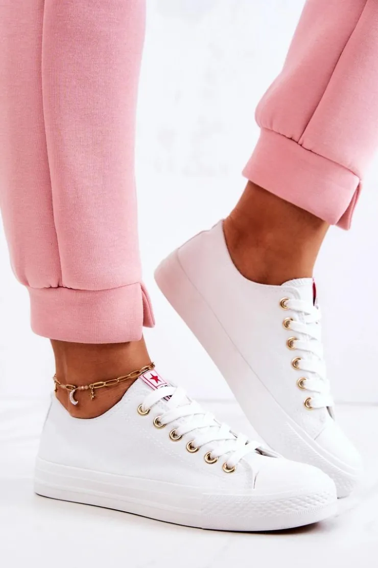 Evento Trampki Damskie Niskie*Damskie Klasyczne Trampki Biało-Złote Ecoma