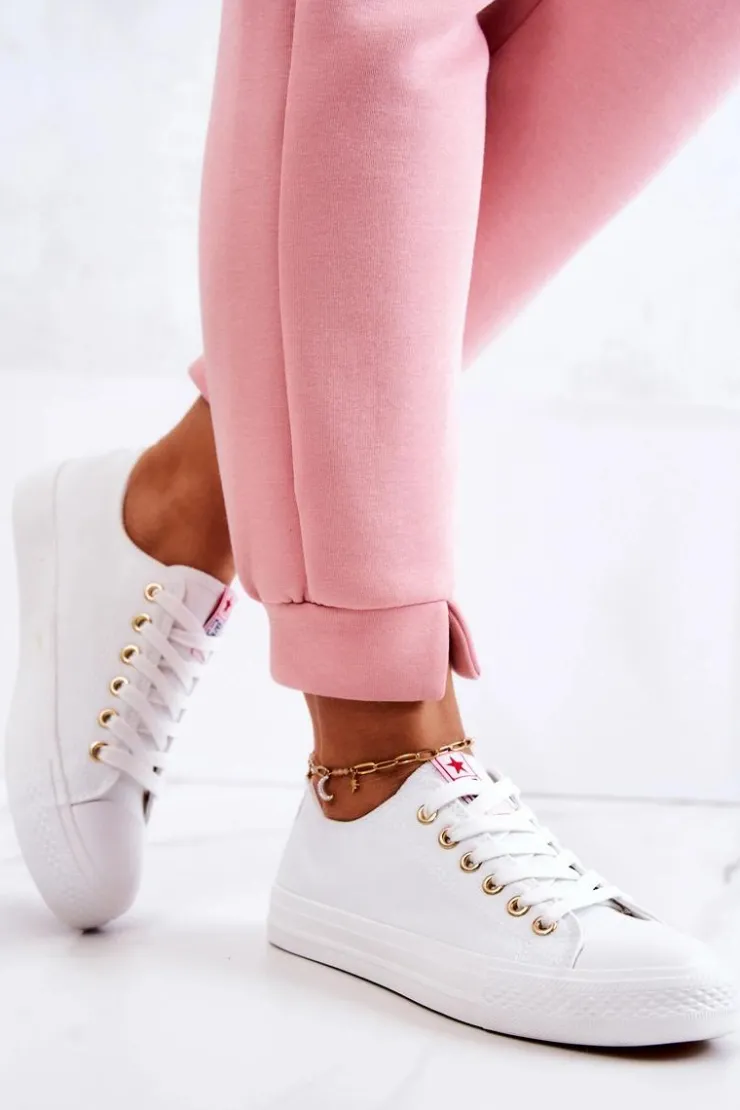 Evento Trampki Damskie Niskie*Damskie Klasyczne Trampki Biało-Złote Ecoma