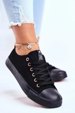 Evento Trampki Damskie Niskie*Damskie Klasyczne Trampki Czarne Ze Złotymi Oczkami Ecoma