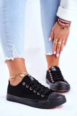 Evento Trampki Damskie Niskie*Damskie Klasyczne Trampki Czarne Ze Złotymi Oczkami Ecoma