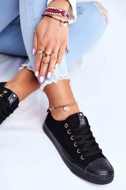 Evento Trampki Damskie Niskie*Damskie Klasyczne Trampki Czarne Ze Złotymi Oczkami Ecoma