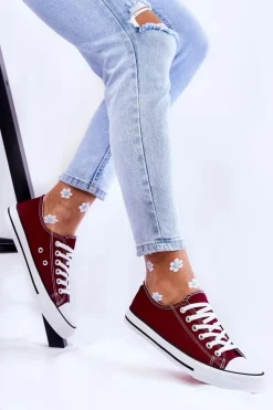 Boto Trampki Damskie Niskie*Damskie Klasyczne Trampki Wiązane Bordowe Be Mine