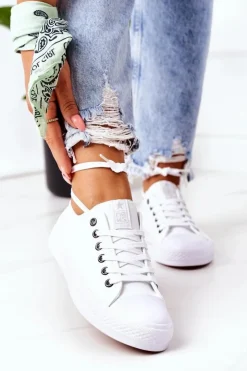 Hot Evento Damskie Klasyczne Trampki Białe Ze Srebrnymi Oczkami Ecoma