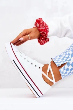 Boto Trampki Damskie Niskie*Damskie Klasyczne Trampki Białe Z Czerwonym Paskiem Omerta Biały