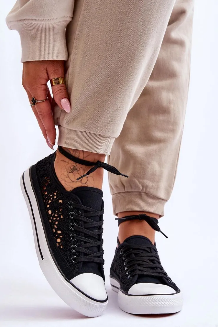 Sale Boto Damskie Koronkowe Materiałowe Trampki Czarne Fergo