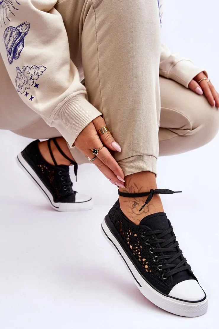 Sale Boto Damskie Koronkowe Materiałowe Trampki Czarne Fergo