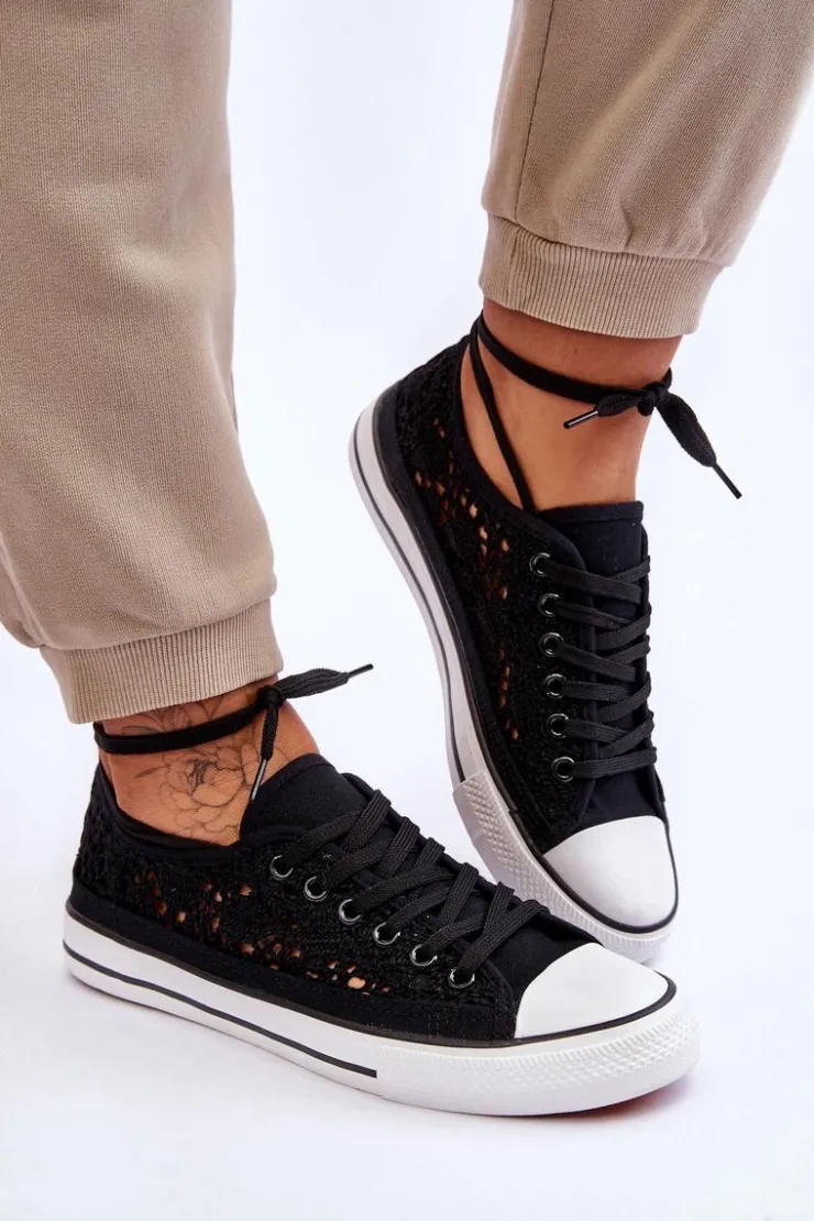 Sale Boto Damskie Koronkowe Materiałowe Trampki Czarne Fergo