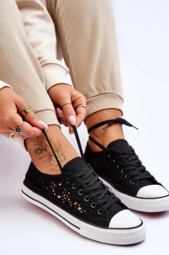 Sale Boto Damskie Koronkowe Materiałowe Trampki Czarne Fergo