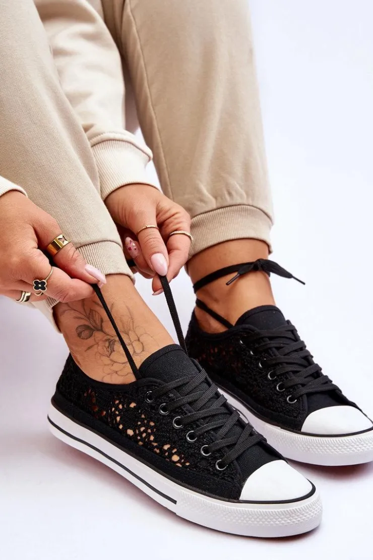 Sale Boto Damskie Koronkowe Materiałowe Trampki Czarne Fergo