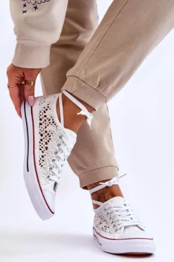 Boto Trampki Damskie Niskie*Damskie Koronkowe Materiałowe Trampki Białe Fergo