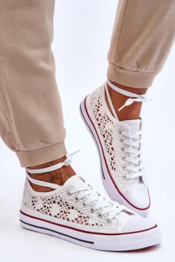 Boto Trampki Damskie Niskie*Damskie Koronkowe Materiałowe Trampki Białe Fergo