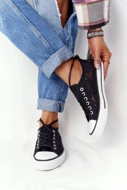 Boto Trampki Damskie Niskie*Damskie Koronkowe Trampki Czarne Candice