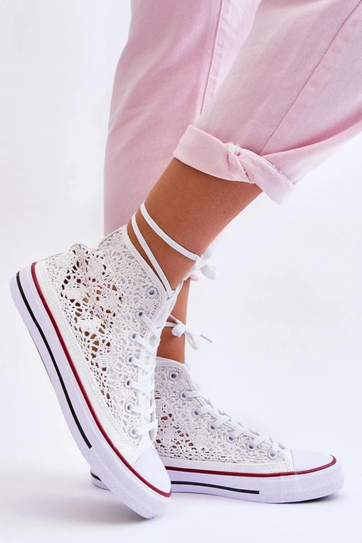 Outlet Boto Damskie Koronkowe Wysokie Trampki Białe Cornella