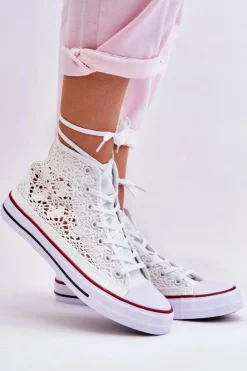 Outlet Boto Damskie Koronkowe Wysokie Trampki Białe Cornella