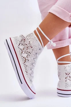 Outlet Boto Damskie Koronkowe Wysokie Trampki Białe Cornella